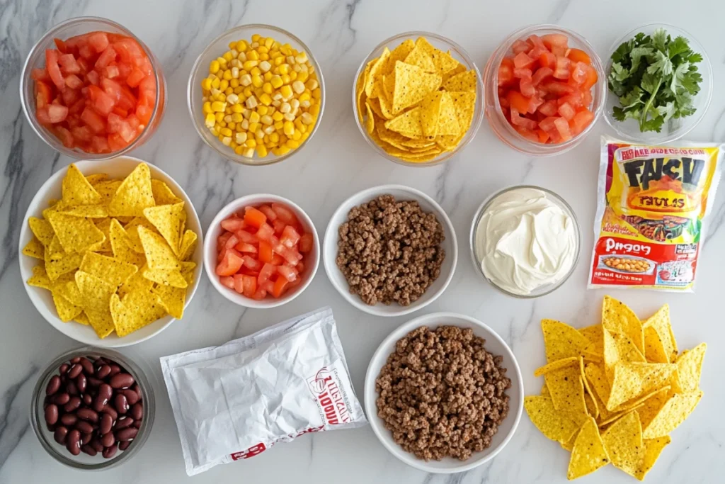 Taco soup frios ingredients laid out on a counter
