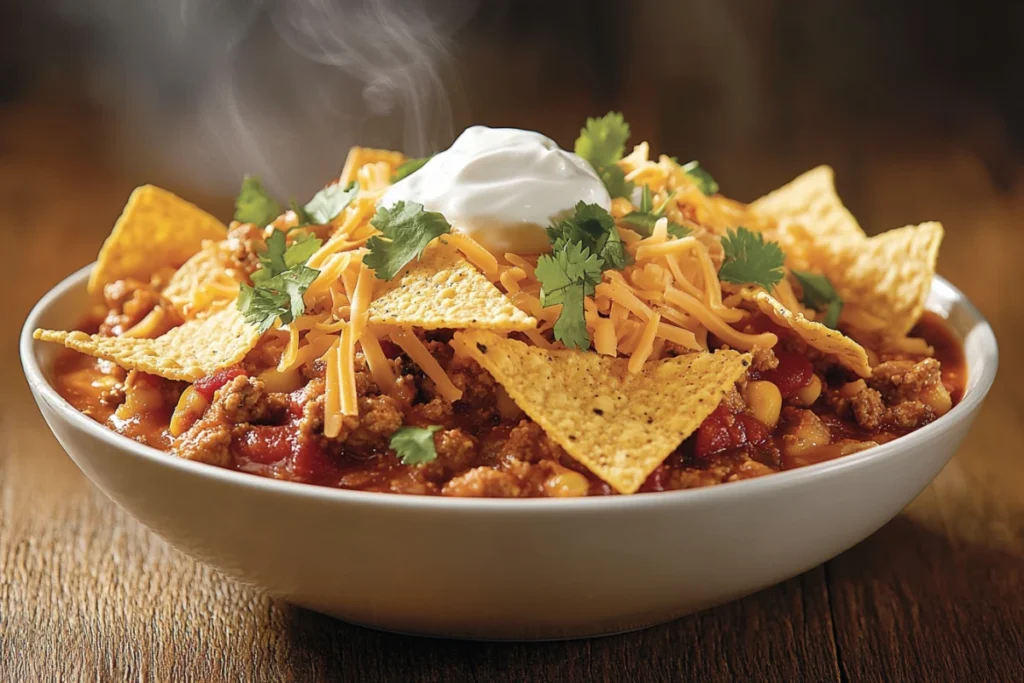 Bowl of taco soup frios with Fritos and toppings