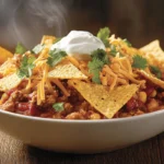 Bowl of taco soup frios with Fritos and toppings