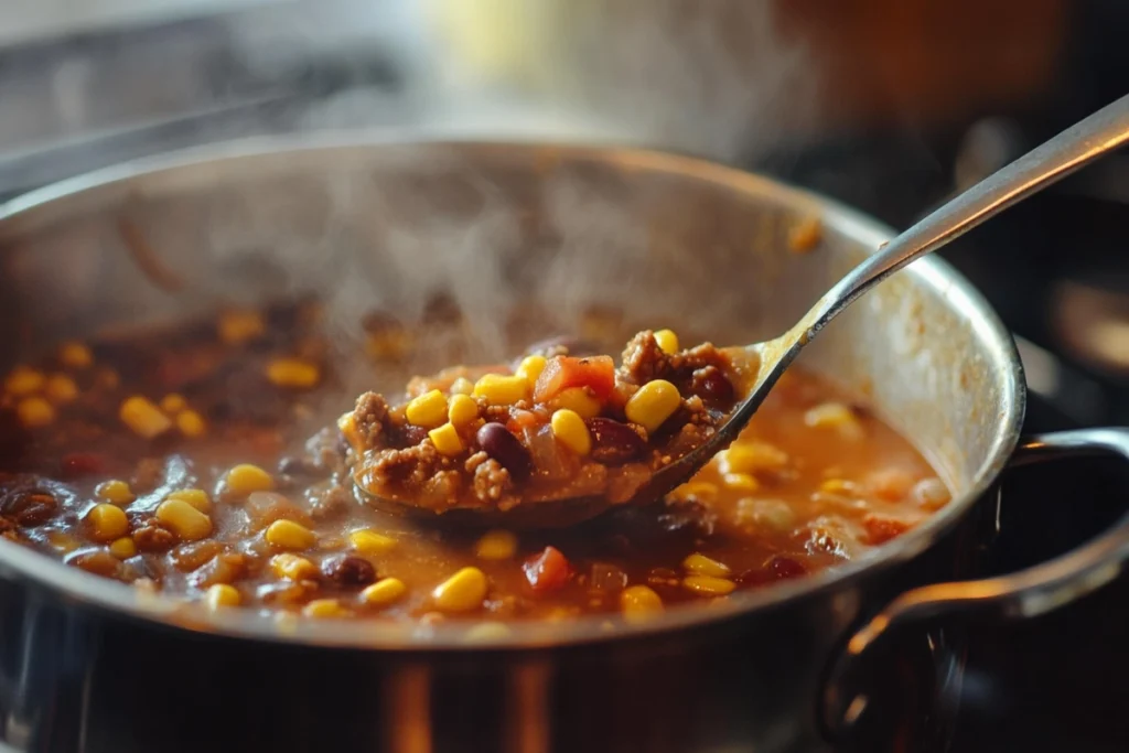 Pot of taco soup with ladle scooping ingredients