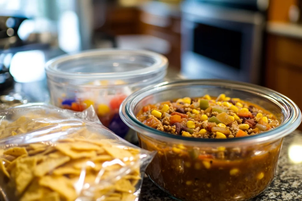 Taco soup stored in a glass container with a separate bag of Fritos