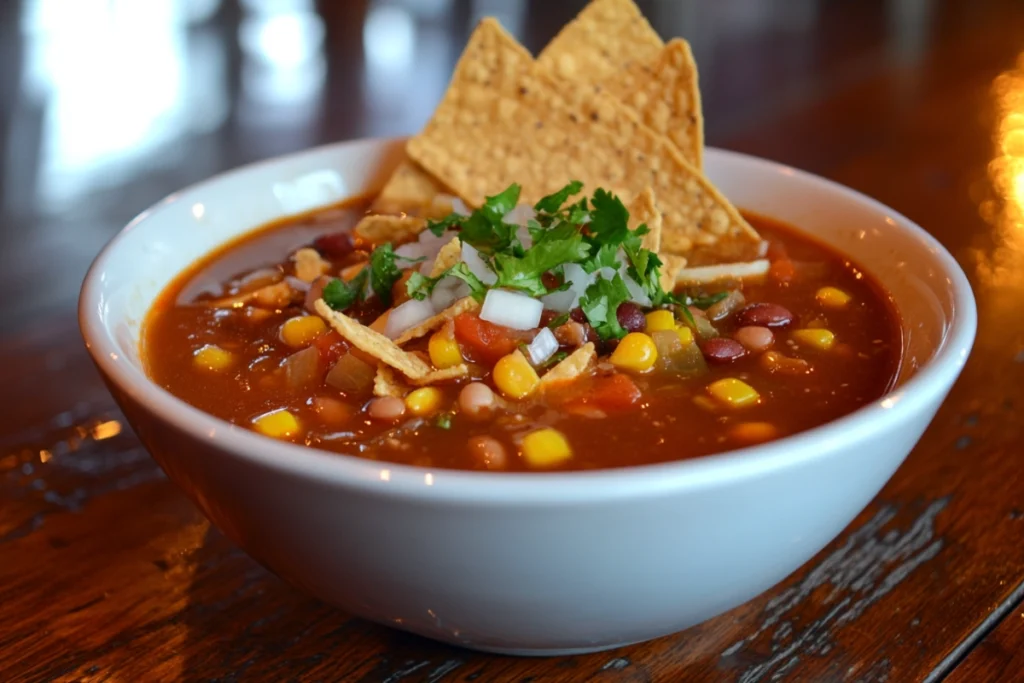 Taco soup served with crispy Fritos on a rustic table