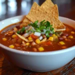 Taco soup served with crispy Fritos on a rustic table