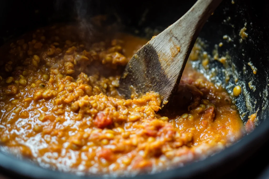 Taco soup being thickened with refried beans and lentils.