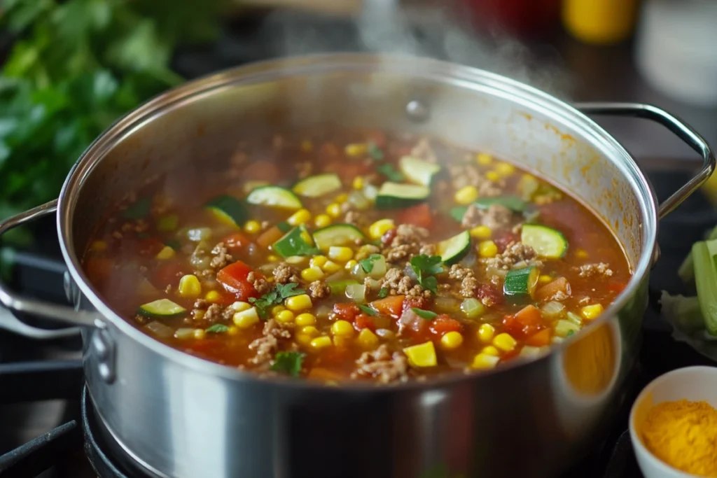 Vegetable-loaded taco soup simmering on the stove.