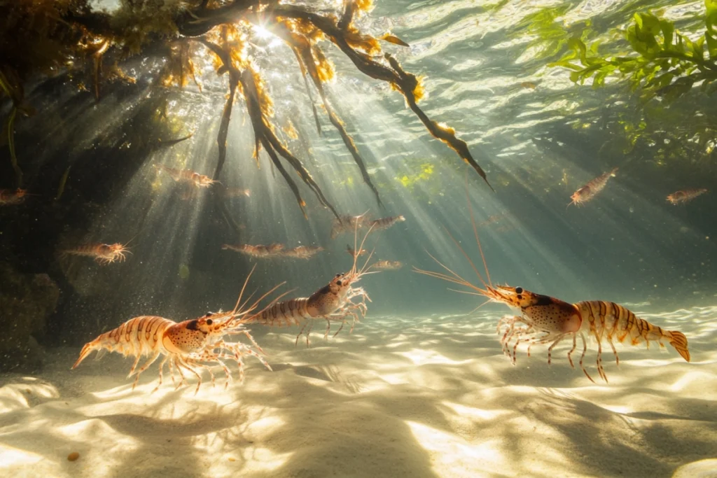 Live tiger shrimp in their natural mangrove habitat
