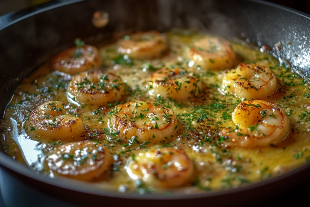 Sautéed tiger shrimp in garlic butter sauce.