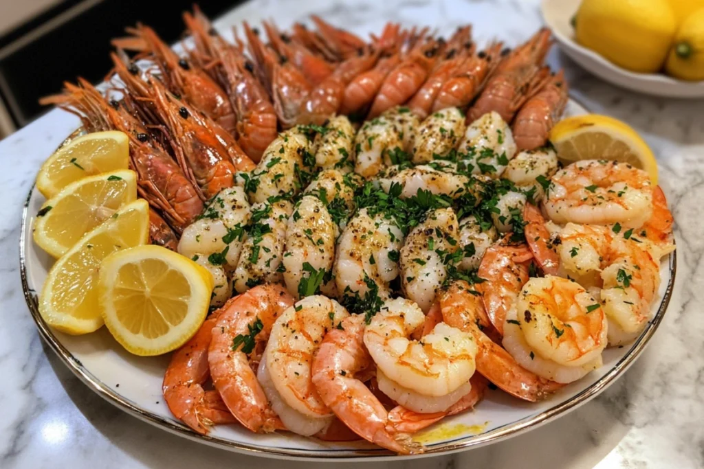 Seafood platter with tiger shrimp and regular shrimp.
