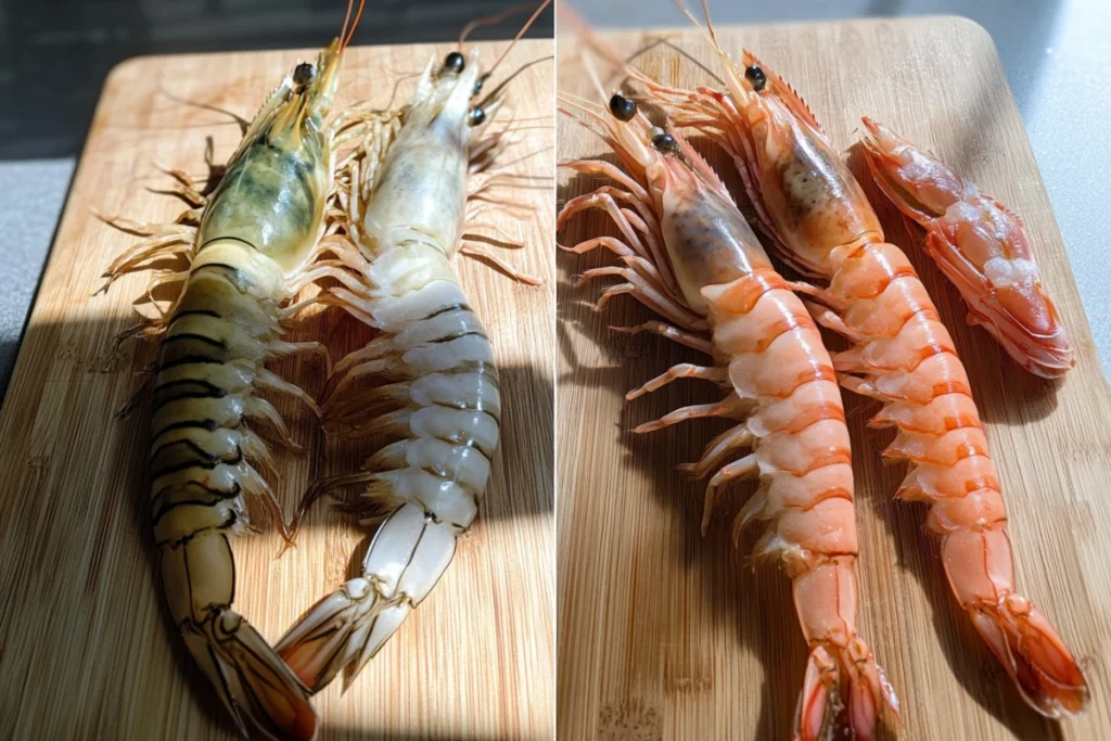 Tiger Shrimp vs Regular Shrimp on Cutting Board.