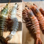 Tiger Shrimp vs Regular Shrimp on Cutting Board.