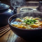 A steaming bowl of traditional Chinese wonton soup garnished with scallions.