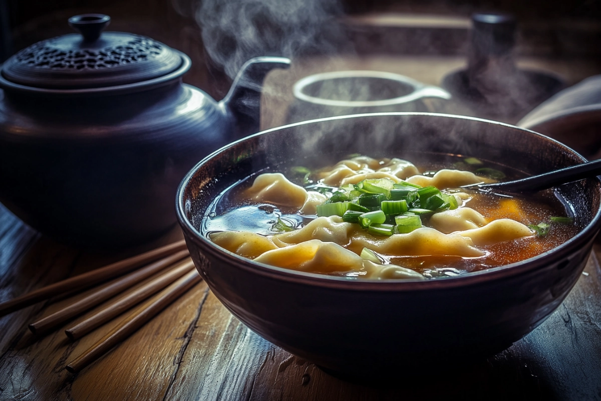 A steaming bowl of traditional Chinese wonton soup garnished with scallions.