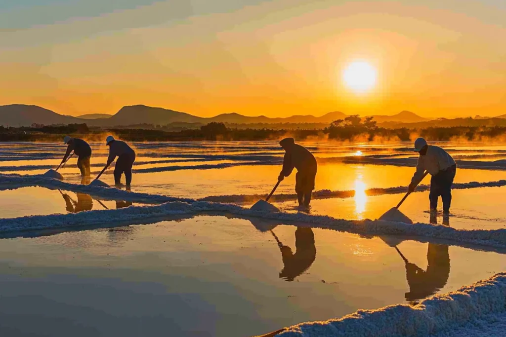 Workers harvesting fleur de sel in French salt pans.