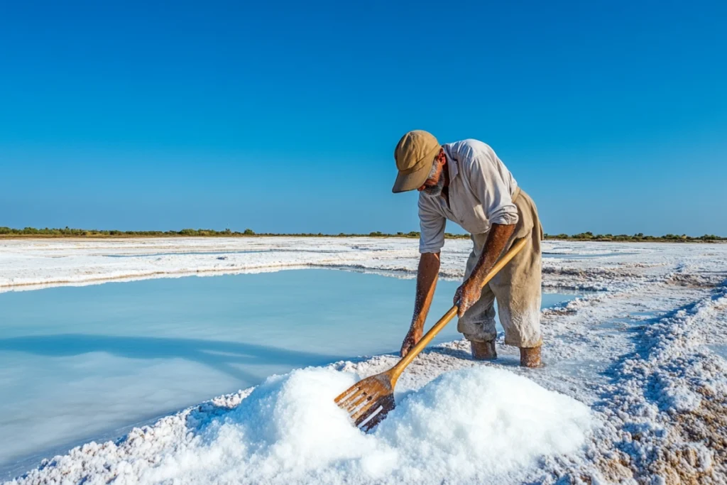 Salt harvester collecting fleur de sel with a wooden rake in a coastal salt pond.
