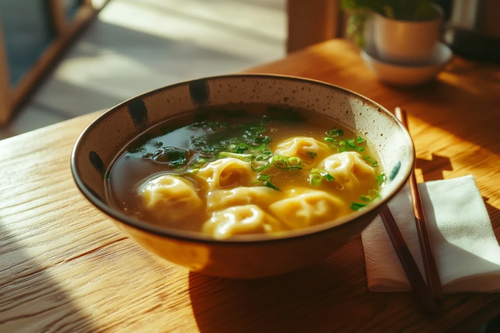 A bowl of traditional wonton soup with fresh garnishes.