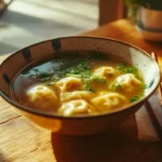 A bowl of traditional wonton soup with fresh garnishes.