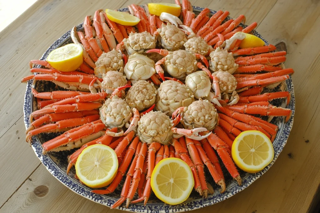 Snow crab clusters with lemon on a rustic plate