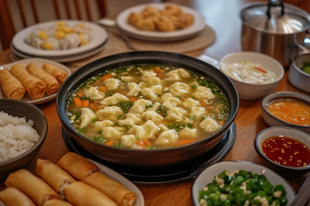 A family-style serving of war wonton soup with side dishes.