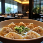 A bowl of wonton soup with dumplings and scallions.