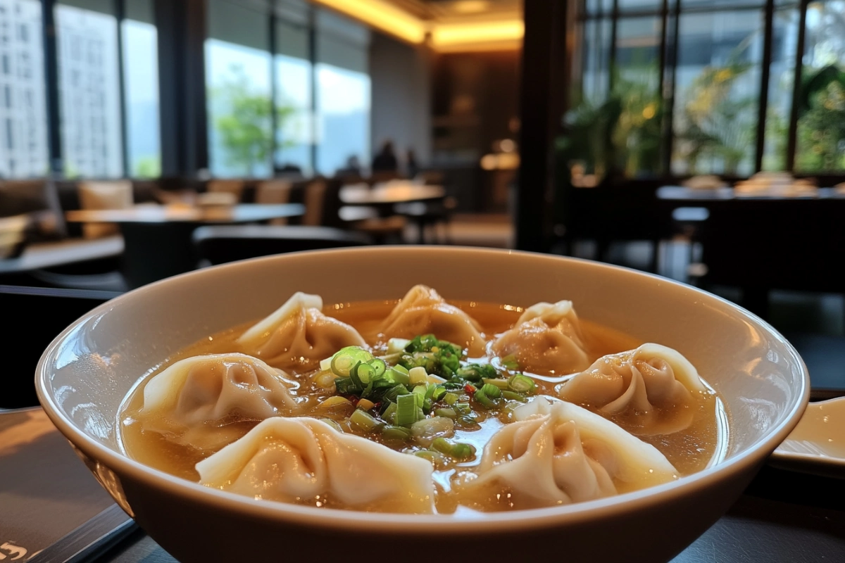 A bowl of wonton soup with dumplings and scallions.