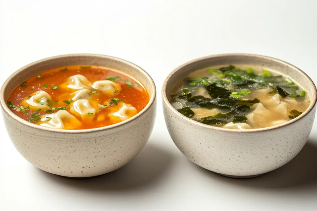 Side-by-side comparison of wonton soup and subgum wonton soup.
