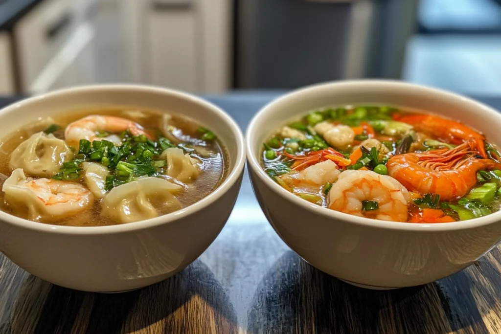 Comparison of wonton soup and war wonton soup in side-by-side bowls.