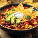 Thick and creamy taco soup with toppings.