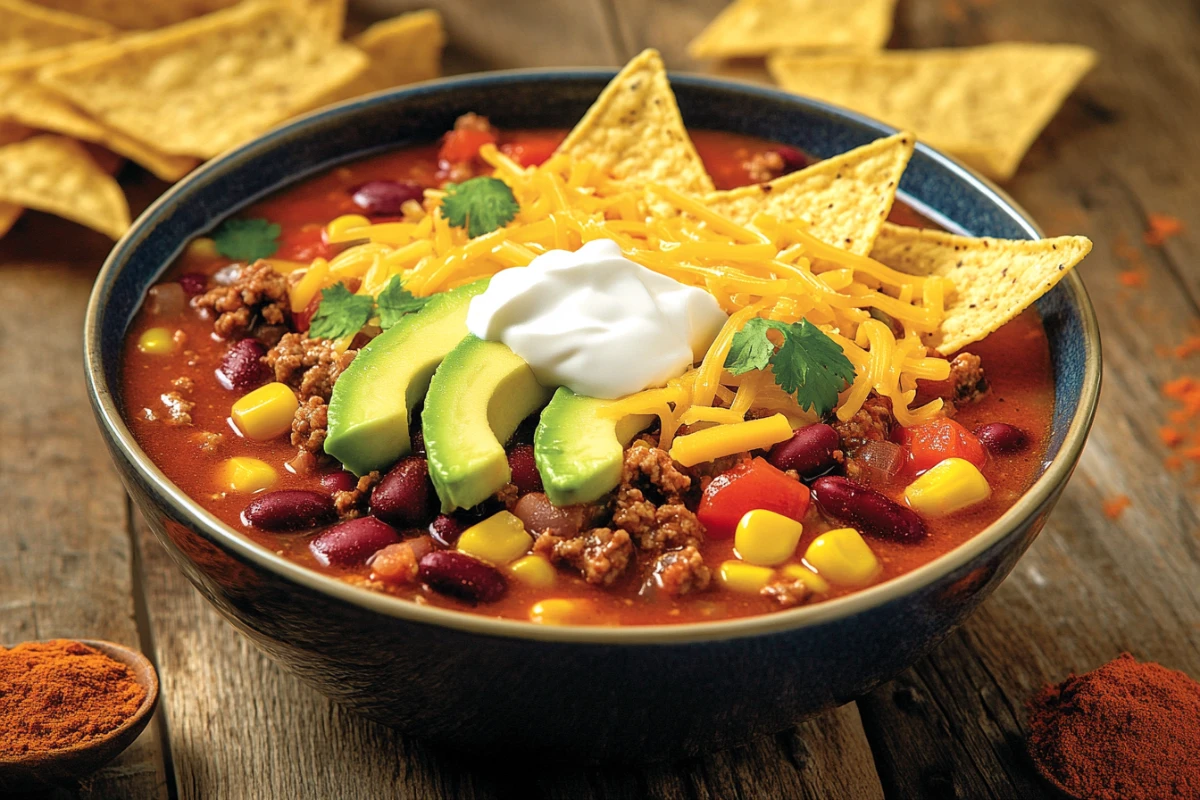 Thick and creamy taco soup with toppings.