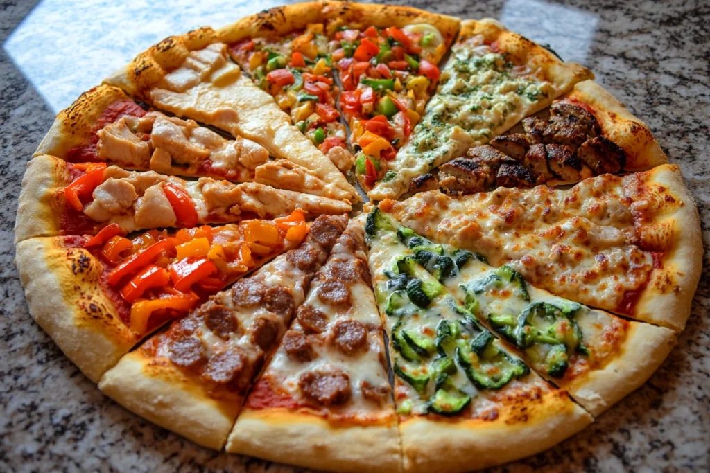 A 10-inch pizza with mixed toppings including chicken, sausage, and vegetables
