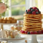 Golden mini pancakes on a party table with syrup and berries