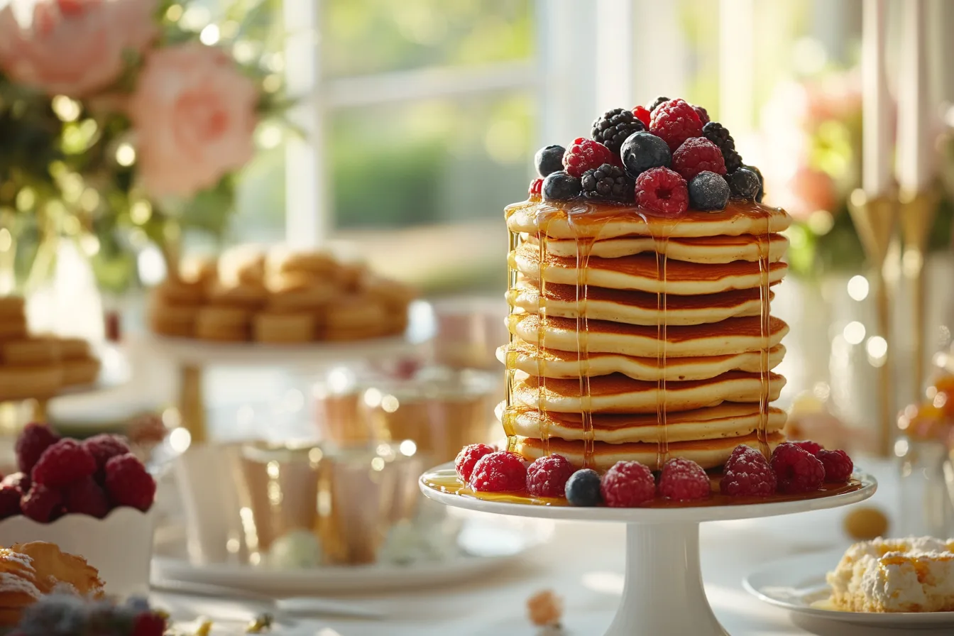 Golden mini pancakes on a party table with syrup and berries