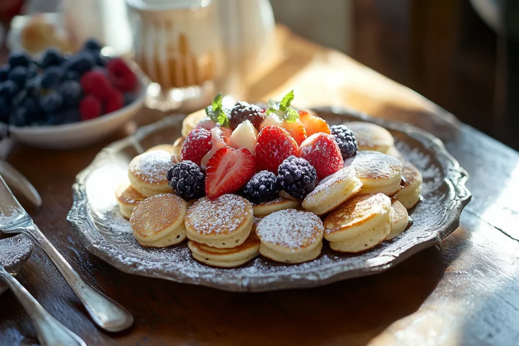 Mini pancakes breakfast platter with berries and syrup.