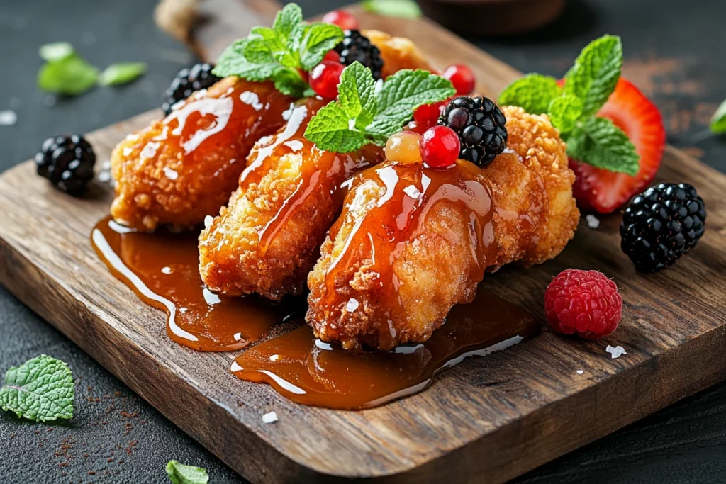 Plated fried chicken ice cream drumsticks with caramel drizzle.
