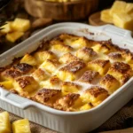 A freshly baked pineapple casserole with bread in a white ceramic dish with a golden brown crust.