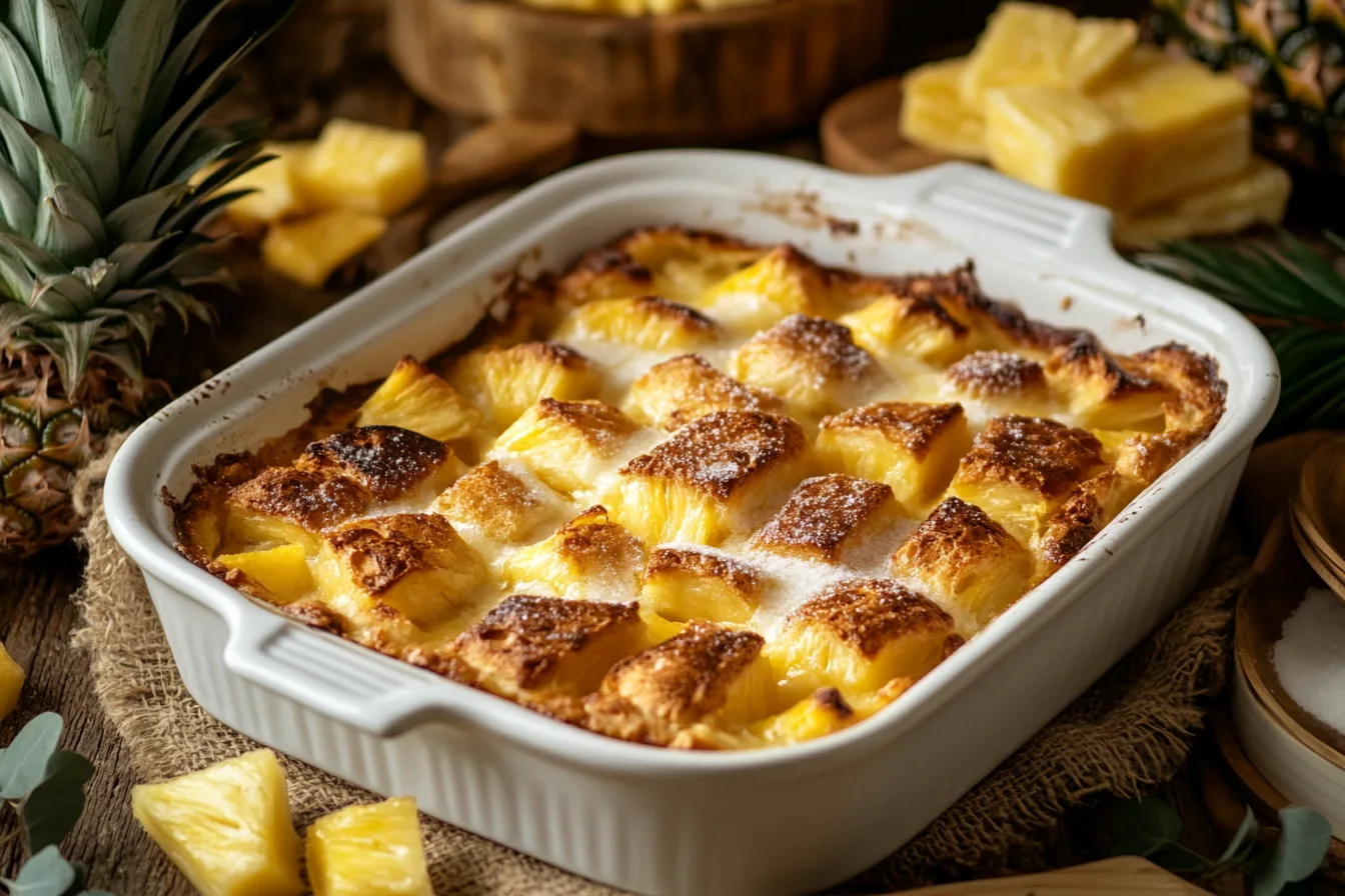 A freshly baked pineapple casserole with bread in a white ceramic dish with a golden brown crust.