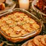 Southern holiday pineapple casserole on a festive dinner table