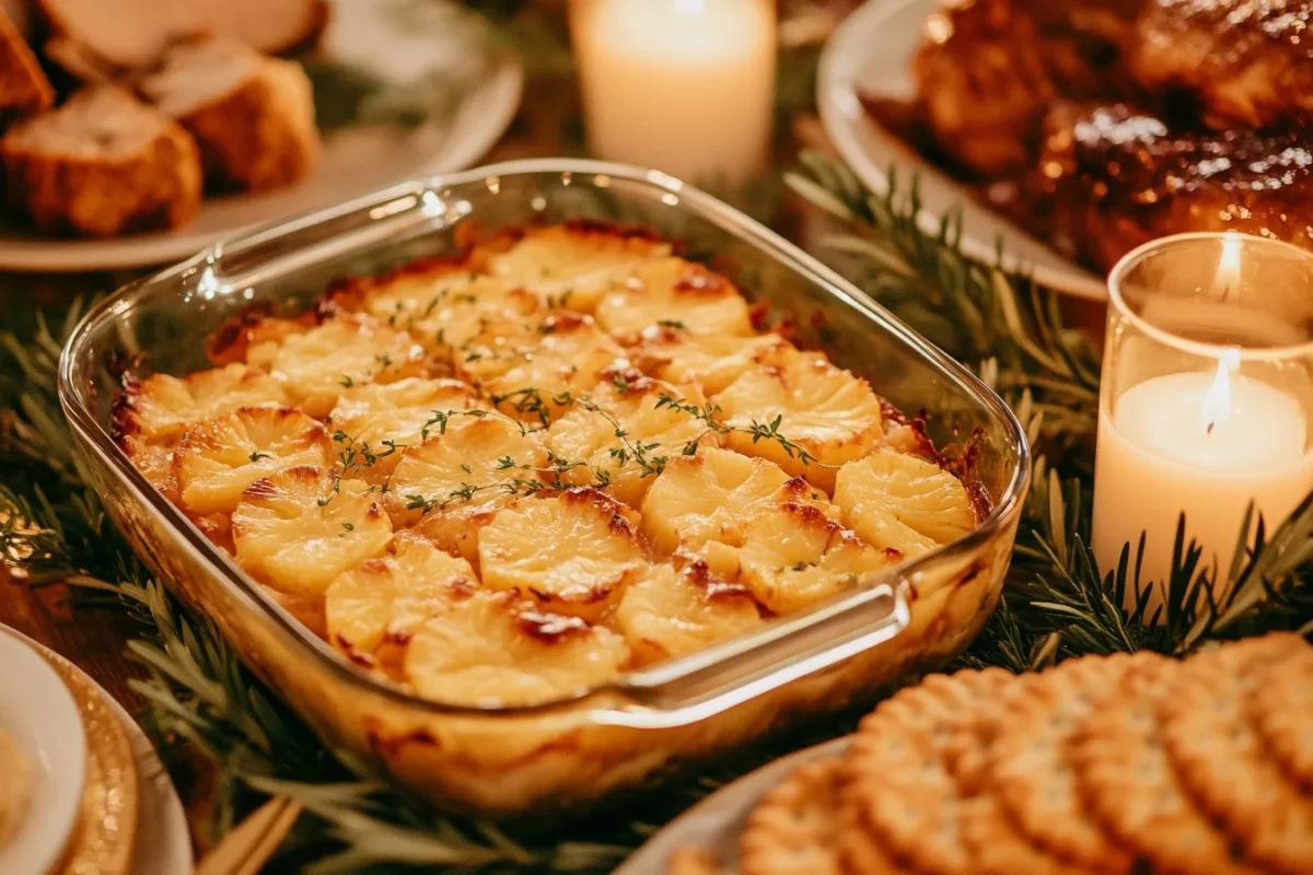 Southern holiday pineapple casserole on a festive dinner table