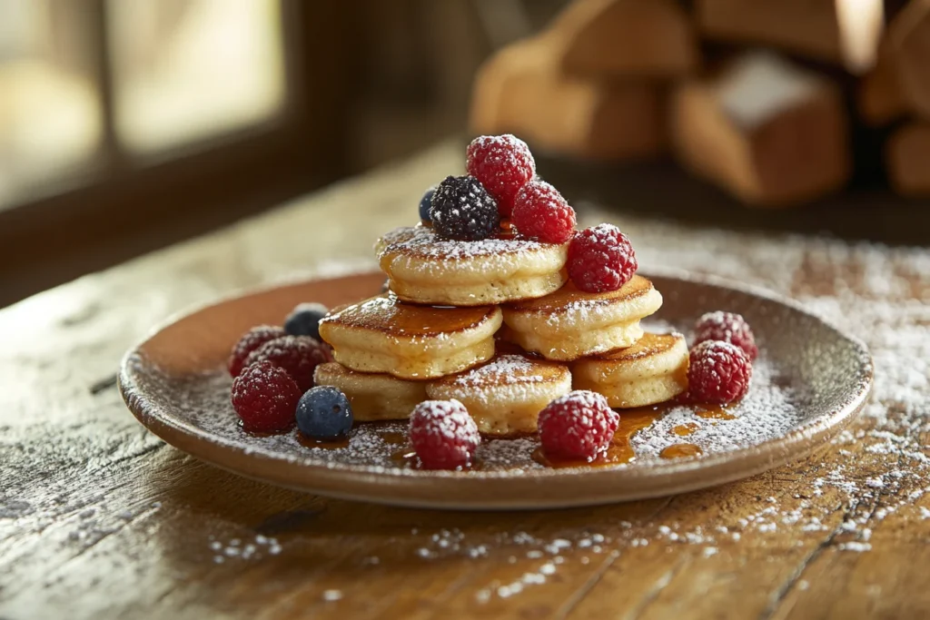 A stack of golden mini pancakes with syrup and berries.