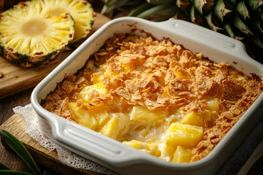 Golden pineapple casserole with cracker topping in a white ceramic dish.