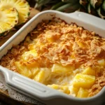 Golden pineapple casserole with cracker topping in a white ceramic dish.