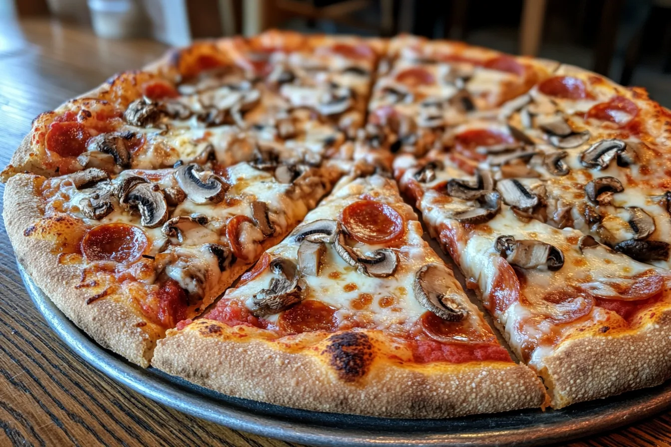 A 10-inch pizza with pepperoni and mushrooms, perfect for sharing.