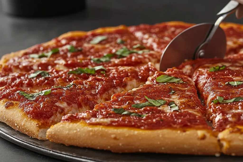 12-inch pizza cut into eight slices with gooey cheese and toppings