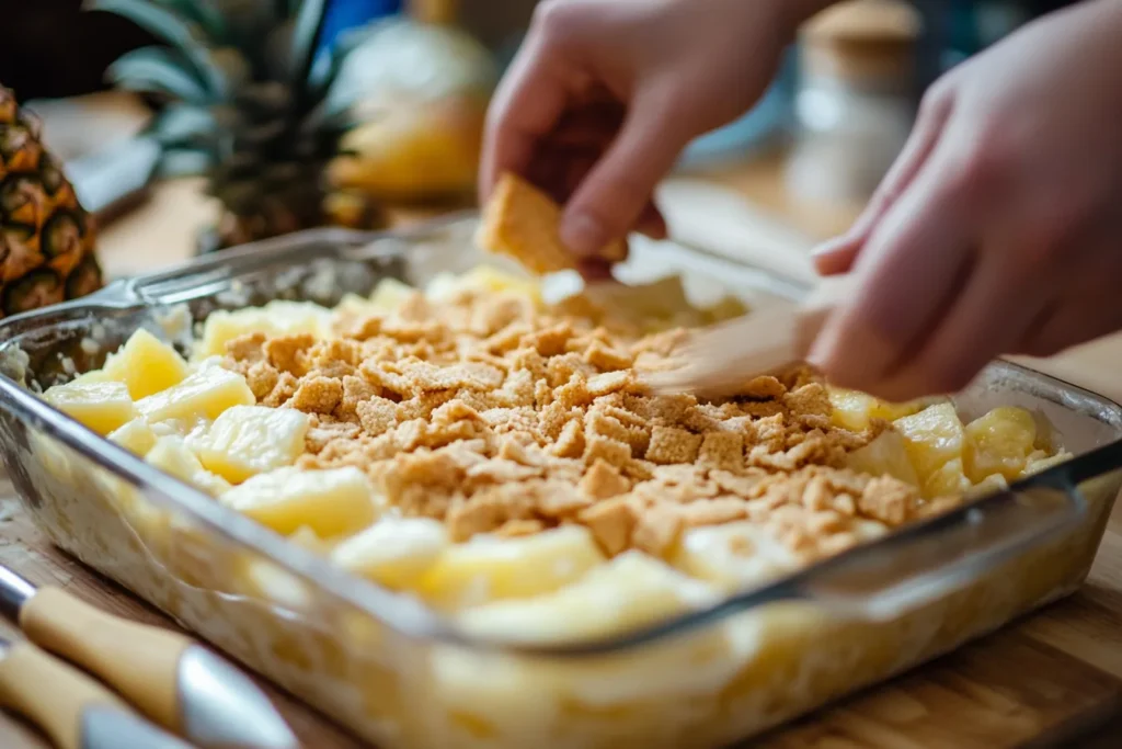 Modern pineapple casserole preparation with ingredients