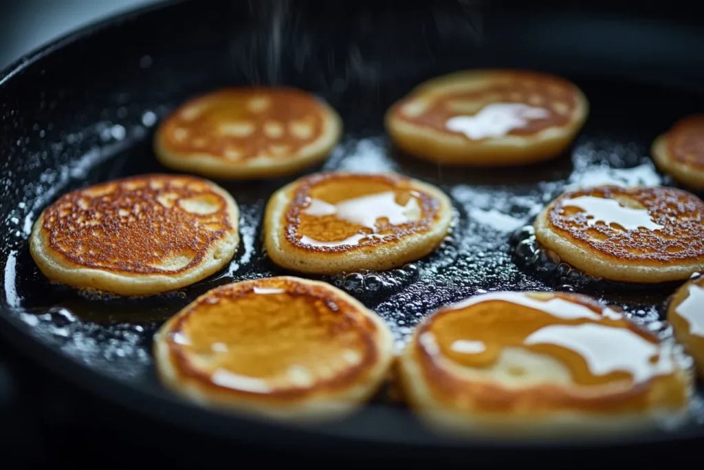 Mini pancakes cooking on a skillet with bubbles forming.