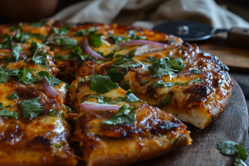 Sliced 12 inch pizza with BBQ chicken and cheese