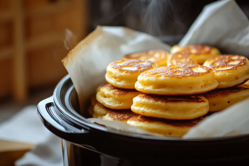 Mini pancakes stacked inside a slow cooker with parchment paper