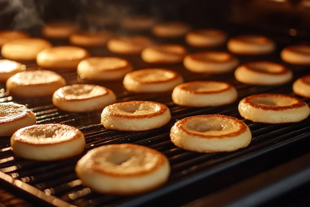 Pillsbury mini pancakes cooking inside a preheated oven.