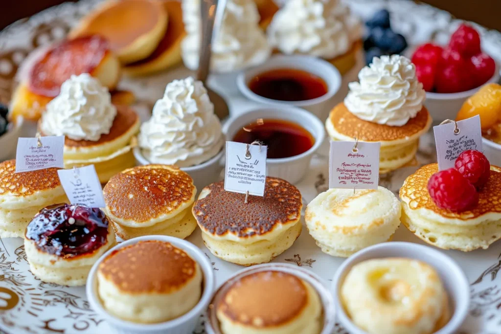 Different types of mini pancakes labeled and displayed on a plate