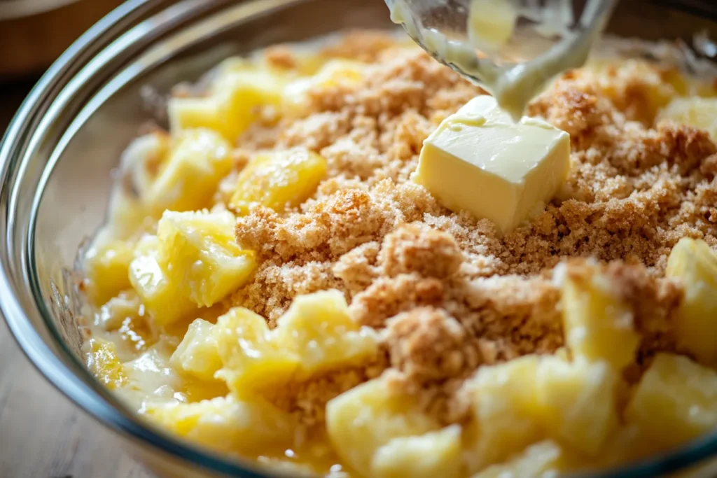 Ingredients for pineapple casserole with bread being mixed in a glass bowl.