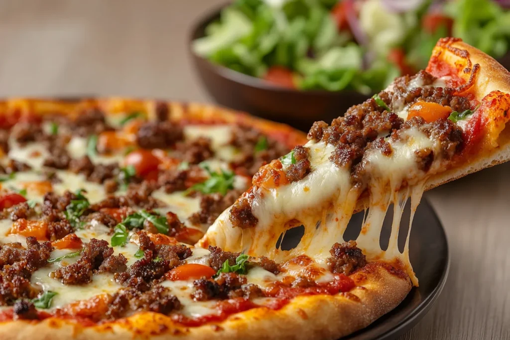A slice of 12-inch pizza with melted cheese